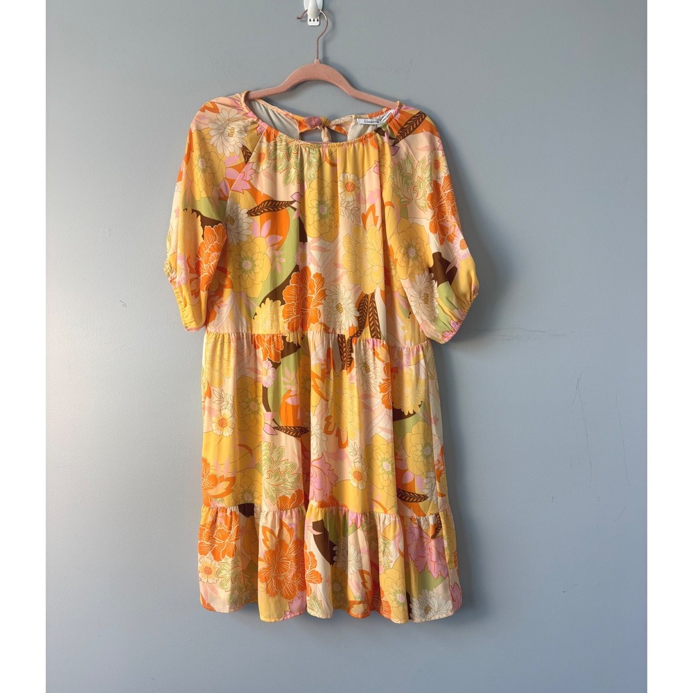 Collective Concepts Retro Floral Tiered‎ Mini Dress Orange Yellow 70s Medium NWT